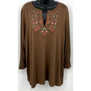 Apostrophe Blouse Size 20/22W Brown 3/4Sleeve Tunic Embroidered Floral Women New